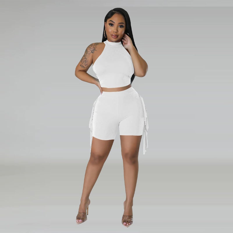 K10432 Fashion Women's Crewneck Tassel Solid Color Casual Two-piece Set - Image 3