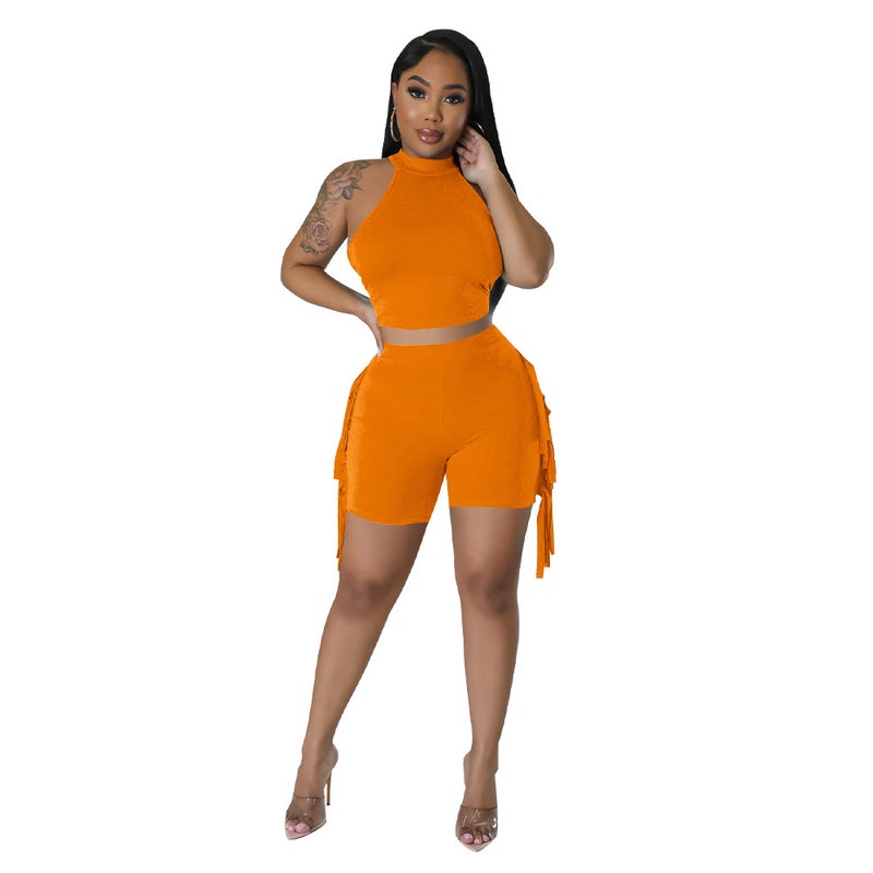 K10432 Fashion Women's Crewneck Tassel Solid Color Casual Two-piece Set - Image 4