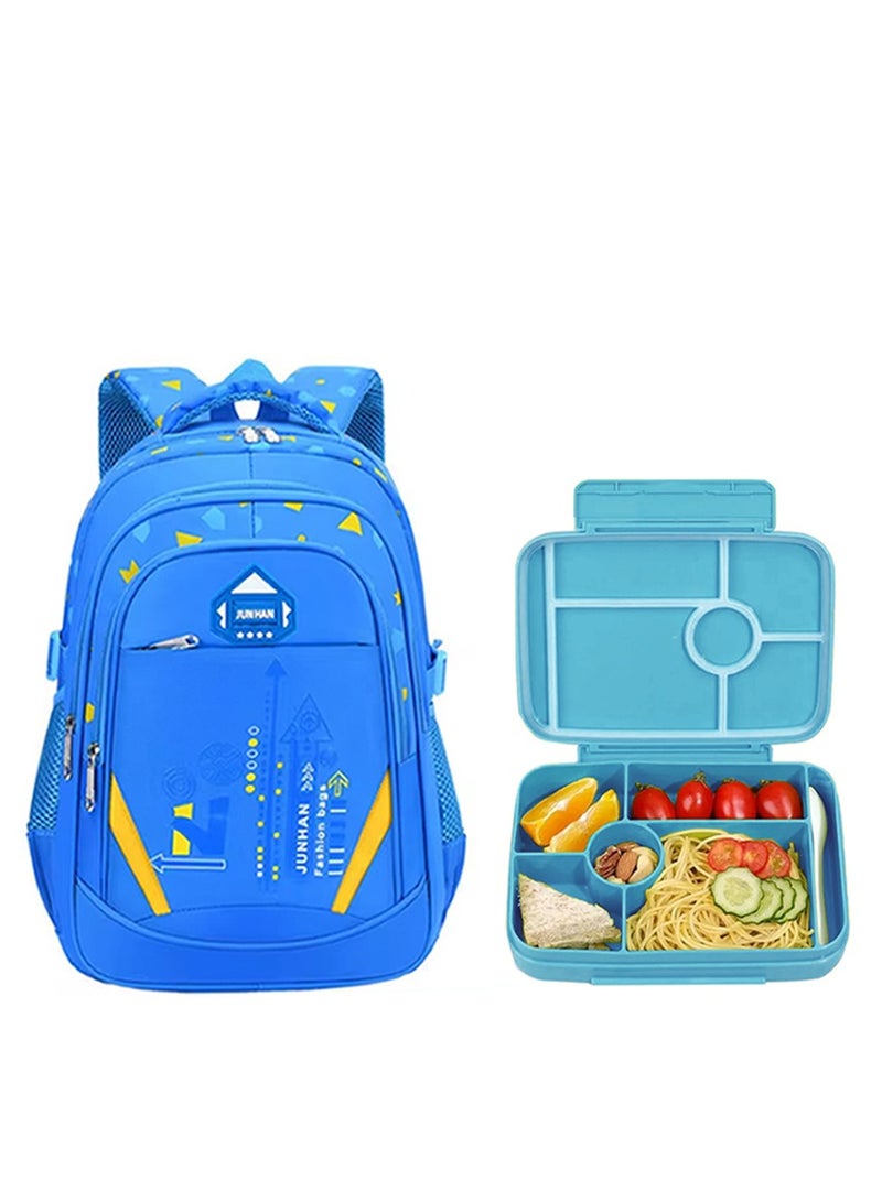 ستار بيبيز مجموعات ستار بيبيز بي تي إس - حقيبة ظهر مدرسية للمراهقين والأولاد والبنات وحقيبة الكتب الابتدائية، صندوق غداء مع 4 حجرات، خالية من البيسفينول أ، مضادة للتسرب - عبوة من قطعتين - أزرق - Image 1