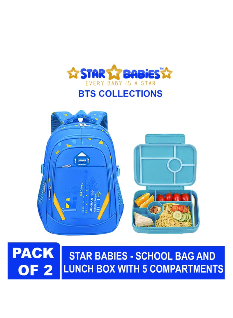 ستار بيبيز مجموعات ستار بيبيز بي تي إس - حقيبة ظهر مدرسية للمراهقين والأولاد والبنات وحقيبة الكتب الابتدائية، صندوق غداء مع 4 حجرات، خالية من البيسفينول أ، مضادة للتسرب - عبوة من قطعتين - أزرق - Image 2