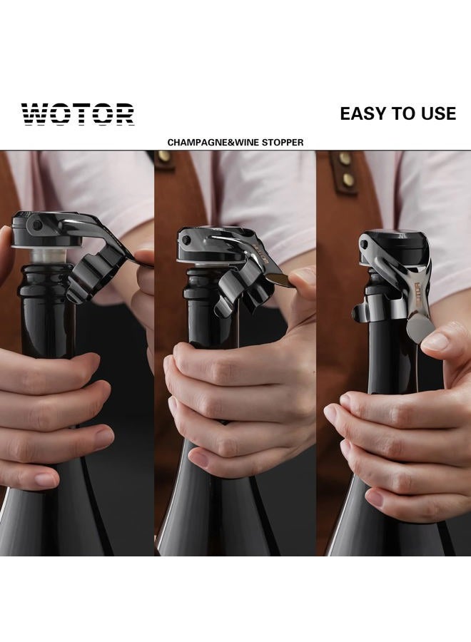 WOTOR Champagne&Wine Stopper Stainless Steel with Food Grade Silicone, Leakproof Keep Fresh, Reusable Saver for Wine, Champagne, Cava, Prosecco and Sparkling, Wine Cork, Sealer (4Pack MetalBlack) - Image 3