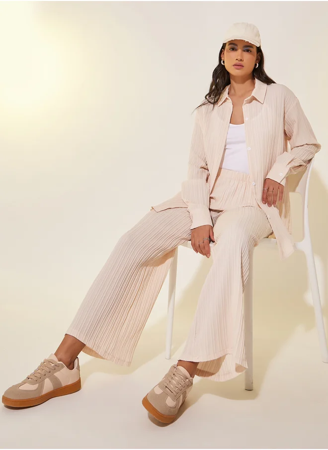ستايلي Solid Long Sleeve Shirt and Wide Leg Pants Co-Ords