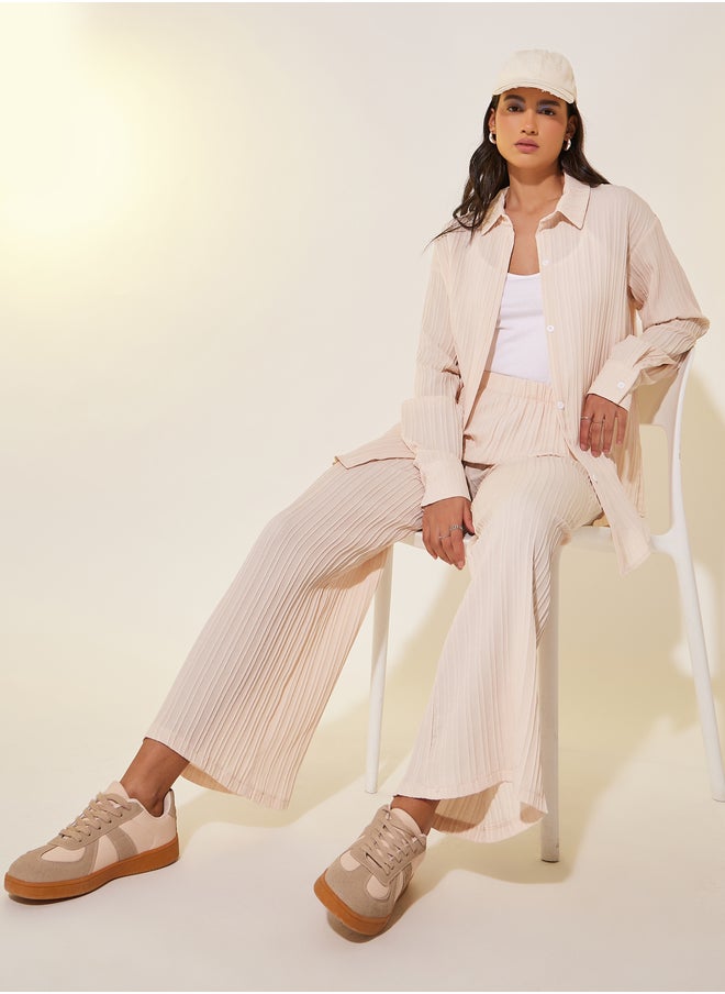 Take Two Solid Long Sleeve Shirt and Wide Leg Pants Co-Ords  - Image 1