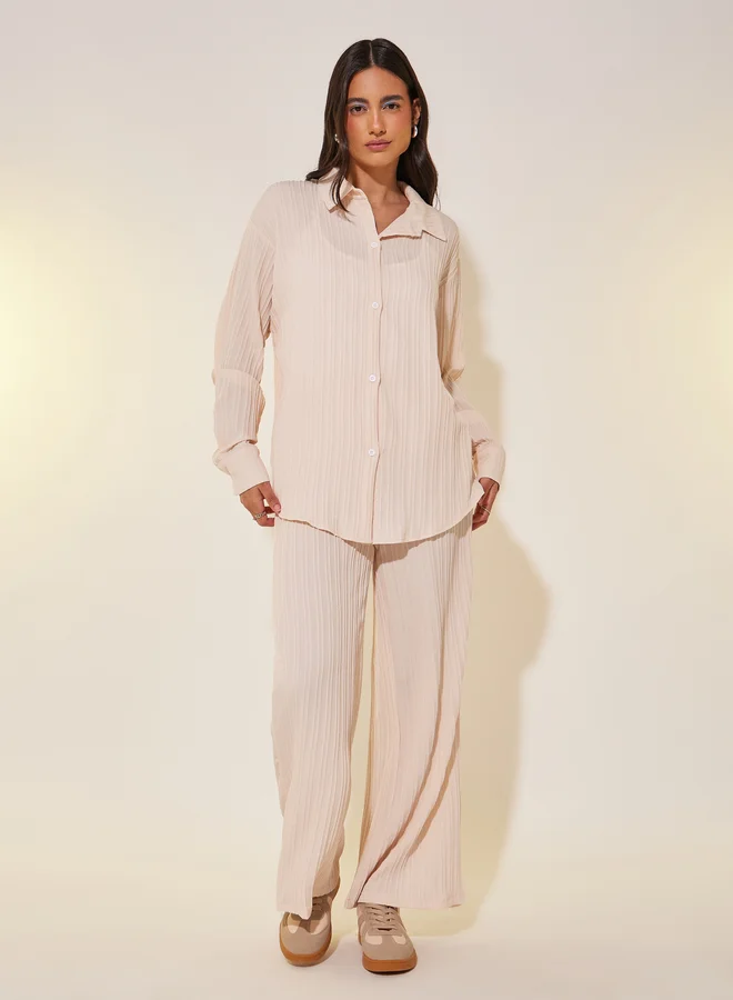 Take Two Solid Long Sleeve Shirt and Wide Leg Pants Co-Ords