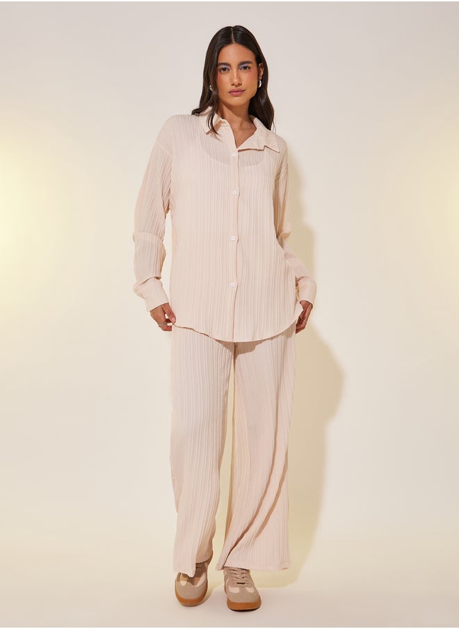 Take Two Solid Long Sleeve Shirt and Wide Leg Pants Co-Ords  - Image 3