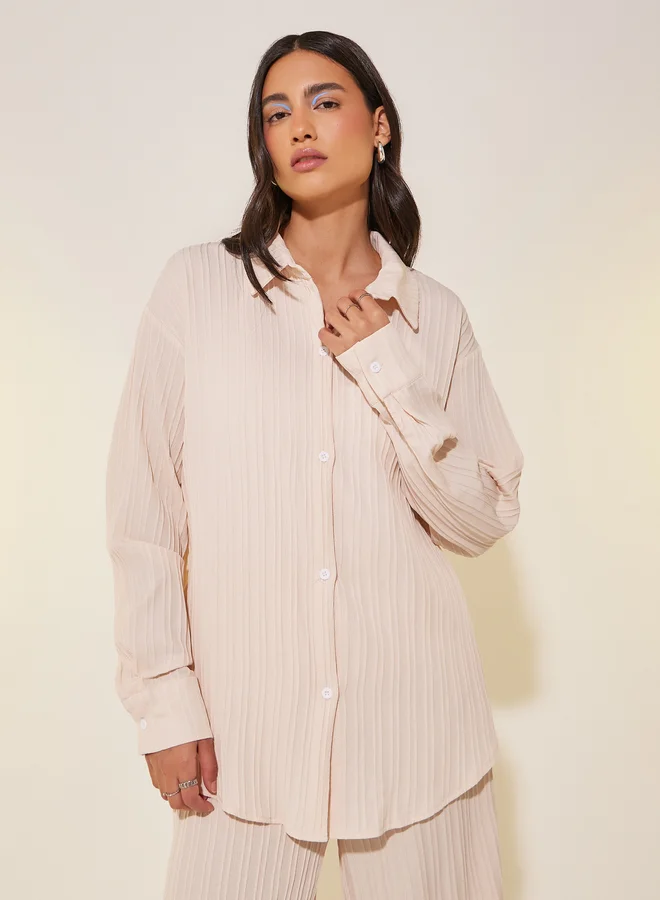 Take Two Solid Long Sleeve Shirt and Wide Leg Pants Co-Ords