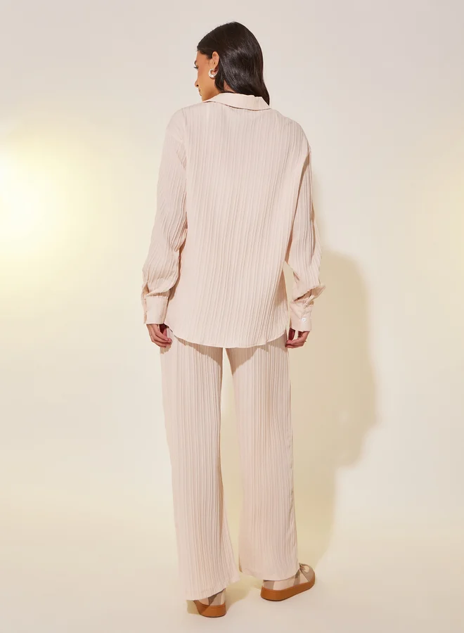 Take Two Solid Long Sleeve Shirt and Wide Leg Pants Co-Ords