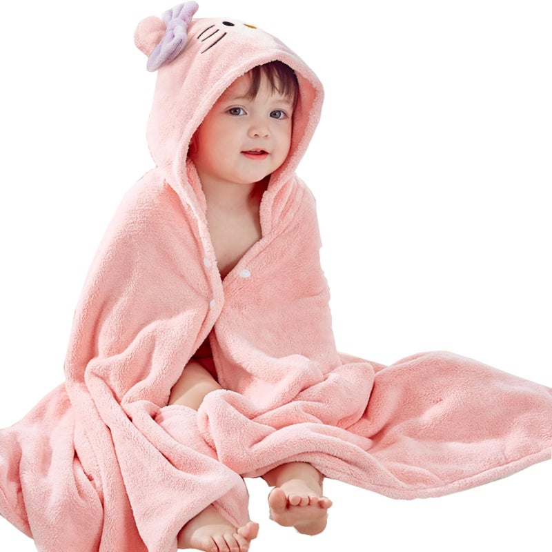 IFaryMes Toddler Bath Towel Baby Towels with Hood 27.5"X55" Ultra Absorbent Soft Bathrobe Blanket Kids Shower Towel for Girls and Boys(Pink Cat) - Image 1