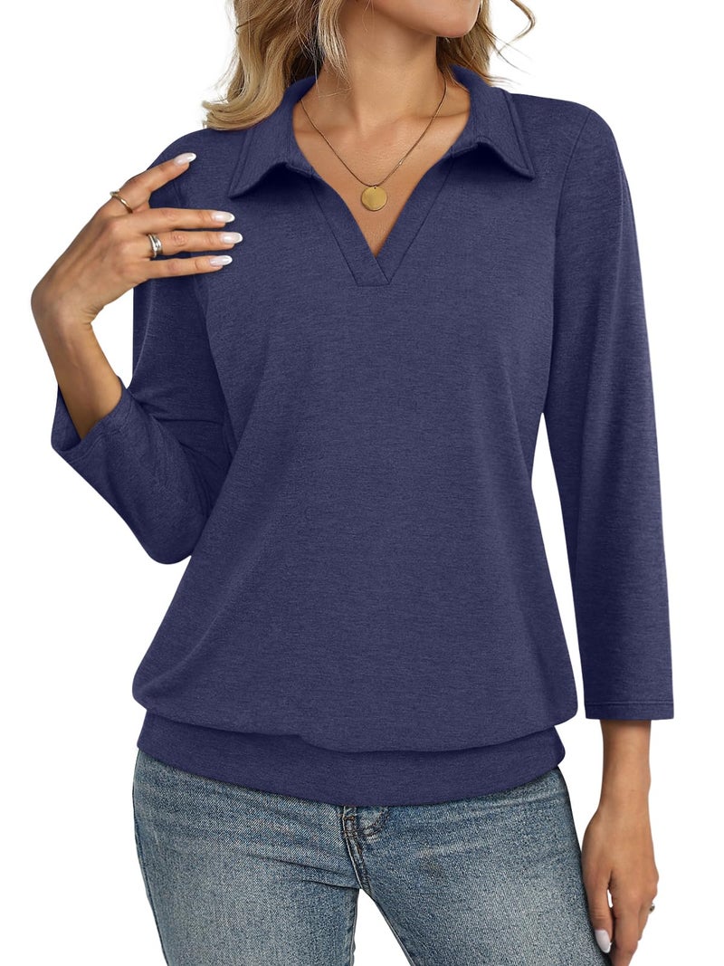 TICTICMISS Womens Polo Shirts 3/4 Sleeve Banded Bottom Tops Business Casual Tops Collared V Neck Blouses Navy Blue - Image 1