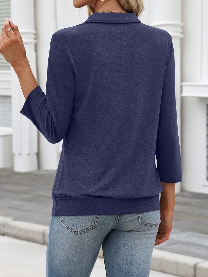 TICTICMISS Womens Polo Shirts 3/4 Sleeve Banded Bottom Tops Business Casual Tops Collared V Neck Blouses Navy Blue - Image 3