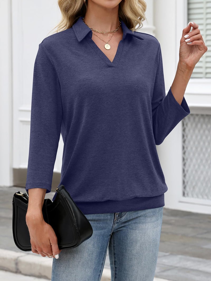 TICTICMISS Womens Polo Shirts 3/4 Sleeve Banded Bottom Tops Business Casual Tops Collared V Neck Blouses Navy Blue - Image 4
