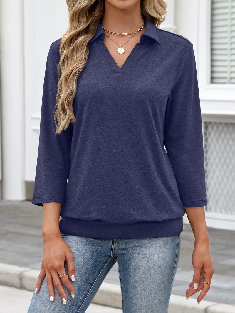 TICTICMISS Womens Polo Shirts 3/4 Sleeve Banded Bottom Tops Business Casual Tops Collared V Neck Blouses Navy Blue - Image 2