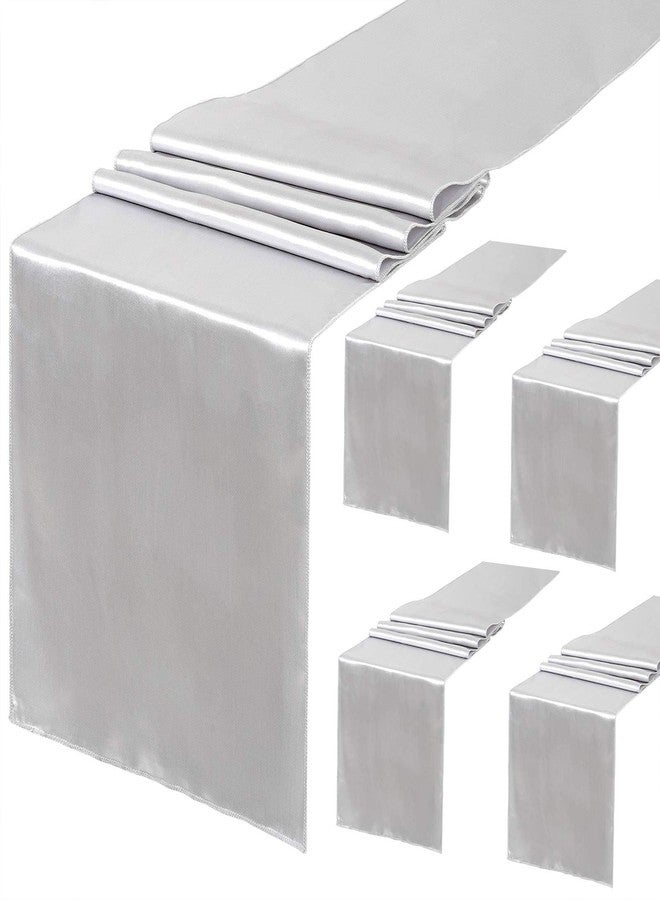 LuoluoHouse 5 Pack Silver Table Runners 12 x 108 Inches Long Smooth Silk Silver Satin Table Runner for Wedding Party Birthday Banquet Decoration - Image 1