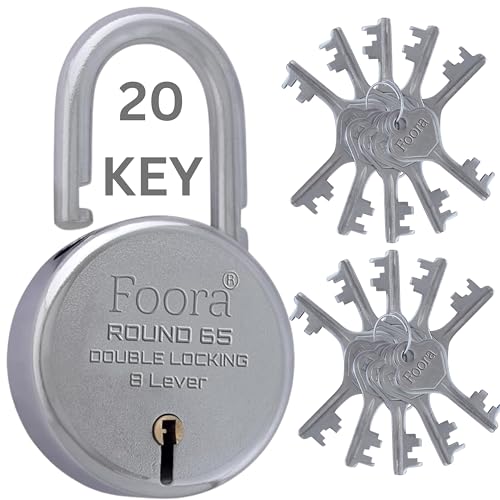 Foora Aligarh Lock for Door, Gate, Shutter with 20 Keys - Round 65mm Padlock, Double Locking Mechanism, 8 Lever, Silver Finish - Image 1