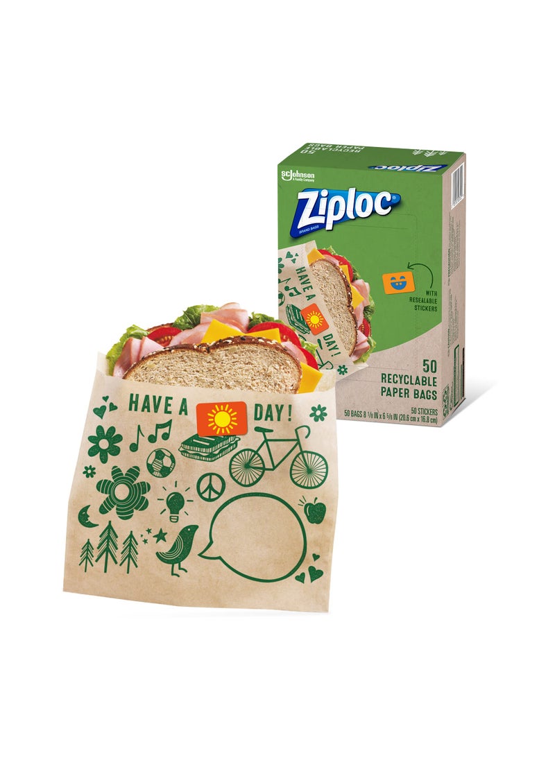 Ziploc Ziploc Paper Sandwich and Snack Bags, Recyclable & Sealable with Fun Designs, 50 Bags Total  - Image 1