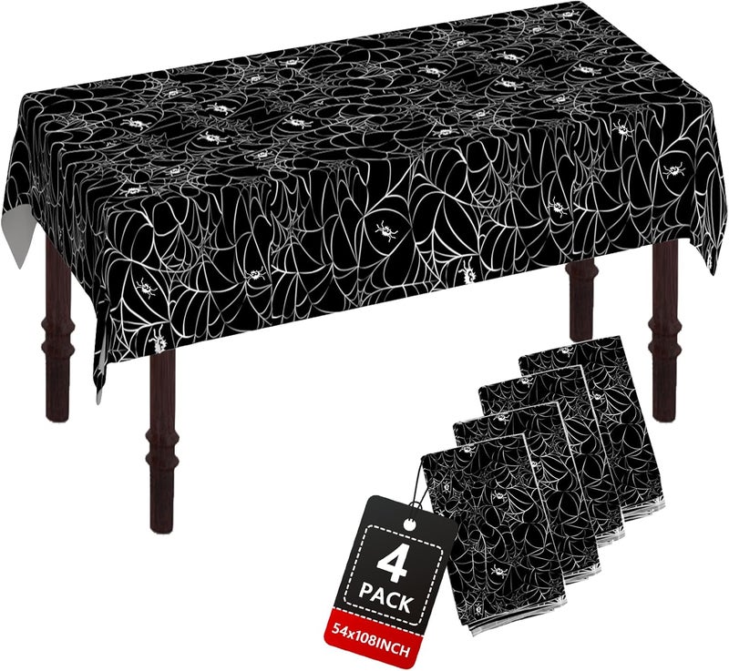 ATFUNSHOP Halloween Tablecloth Plastic 4PACKS 54 X 108 Rectangular Black Spider Web Disposable Table Cover Waterproof Spillproof Table Cloth - Image 1