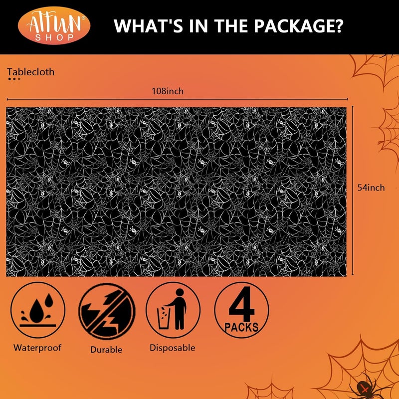 ATFUNSHOP Halloween Tablecloth Plastic 4PACKS 54 X 108 Rectangular Black Spider Web Disposable Table Cover Waterproof Spillproof Table Cloth - Image 3