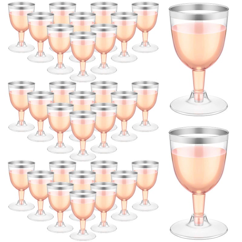 Thenshop 50 Pack 5 oz Plastic Champagne Flutes Clear Disposable Wine Glasses Cups with Stem Reusable Goblets Shatterproof Cocktail Cups for Mother's Day Wedding Party Holiday Dessert(Silver Rim) - Image 1