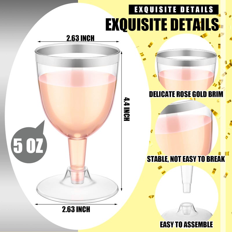 Thenshop 50 Pack 5 oz Plastic Champagne Flutes Clear Disposable Wine Glasses Cups with Stem Reusable Goblets Shatterproof Cocktail Cups for Mother's Day Wedding Party Holiday Dessert(Silver Rim) - Image 2