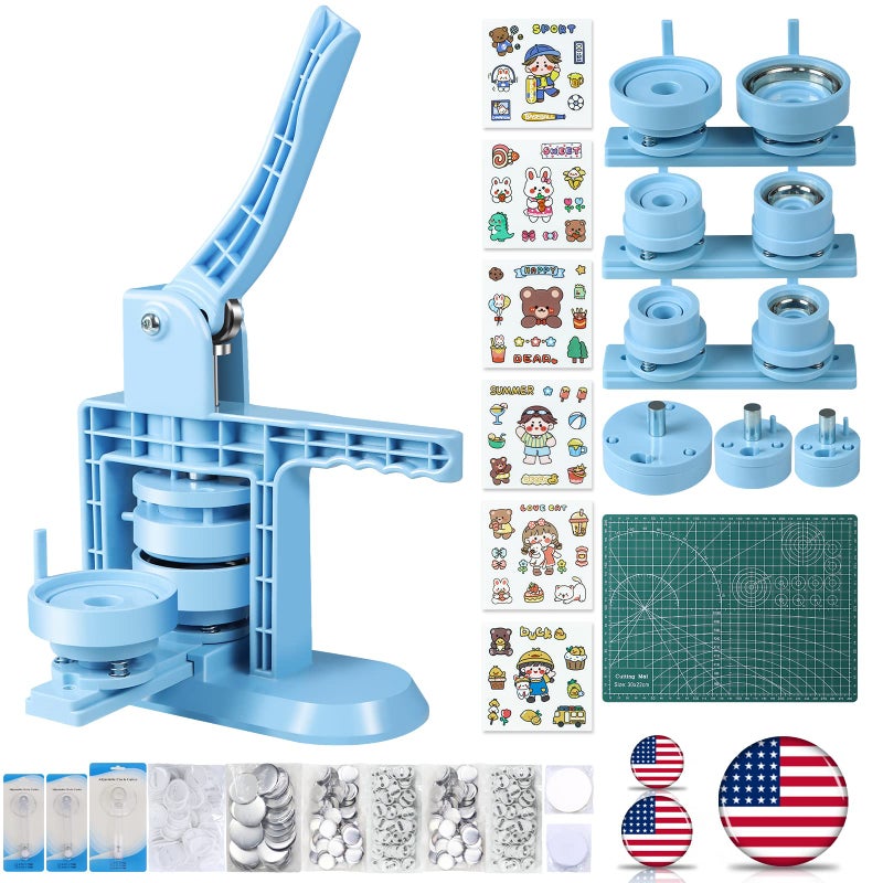 Happizza Button Maker Machine Multiple Sizes (4th Gen), Pin Maker 1+1.25+2.25 inch / 25+32+58mm, Badge Button Press Machine with Cutting Mat & 300 Sets Badge Making Supplies & Circle Cutter - Image 1