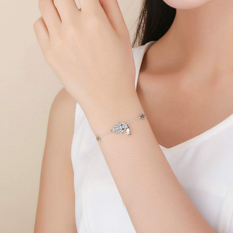SLUYNZ 925 Sterling Silver Fatima Hamsa Hand Evil Eye Bracelet for Women Blue Round Eyes Bracelet - Image 5
