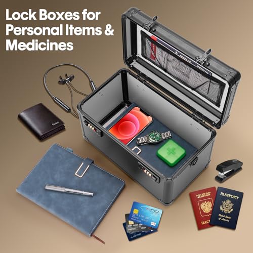 LOCKCURX Large Lock Box - Security Combination Lock Box, Locking Storage Case for Personal Items and Medicine, Childproof Lockable Lockbox for Home/Office/School, 11.2x7.4x6.8 Inch, Black - Image 2