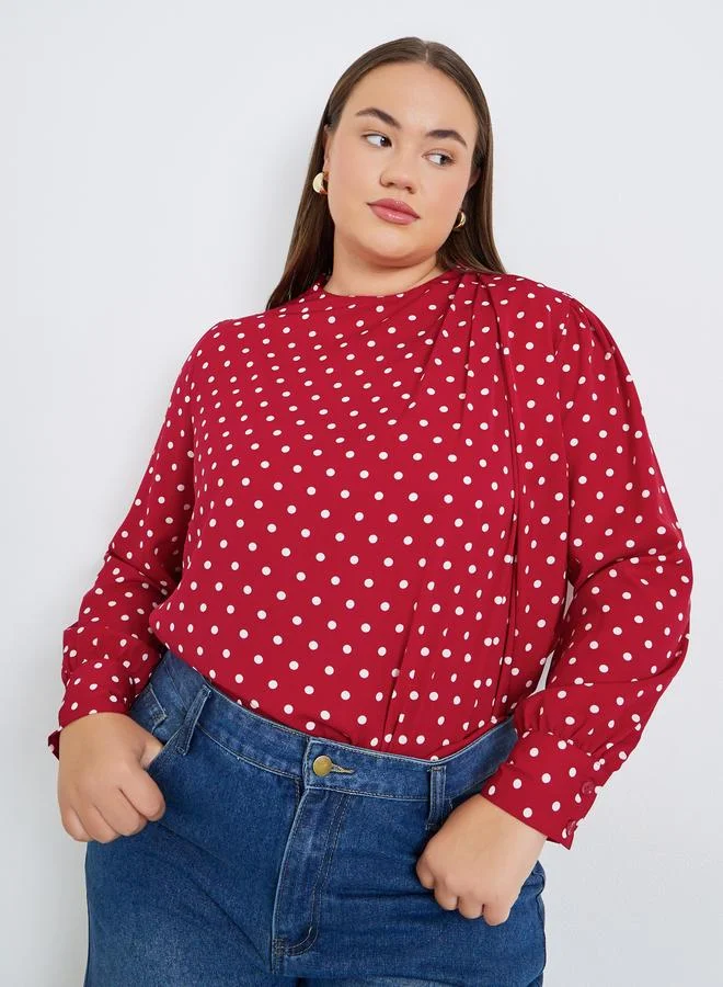 Styli Plus Size Polka Dot High Neck Blouse