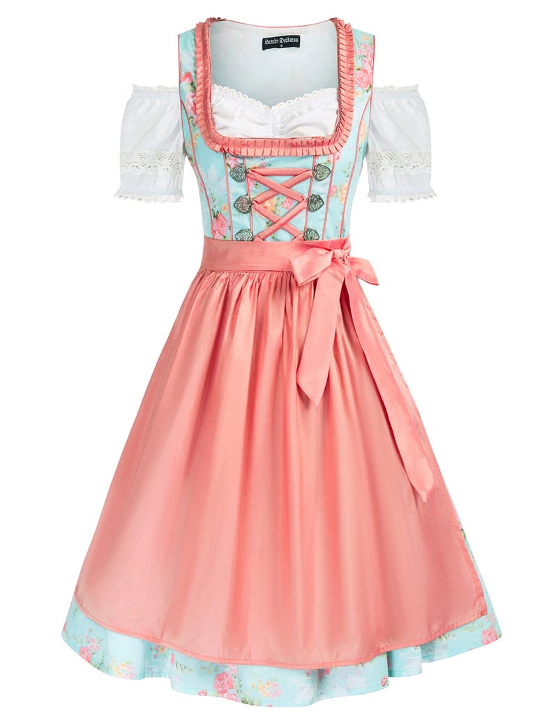 Womens German Oktoberfest Costumes 3 Pcs Bavarian Dirndl Dress Pink and Blue XL