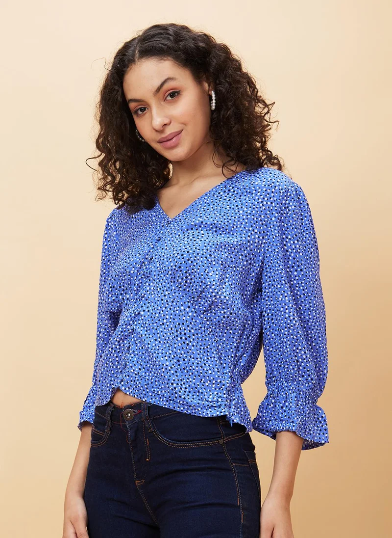 globus Globus Women Blue Polka Dots Printed V-Neck Gathered Detailed Regular Top