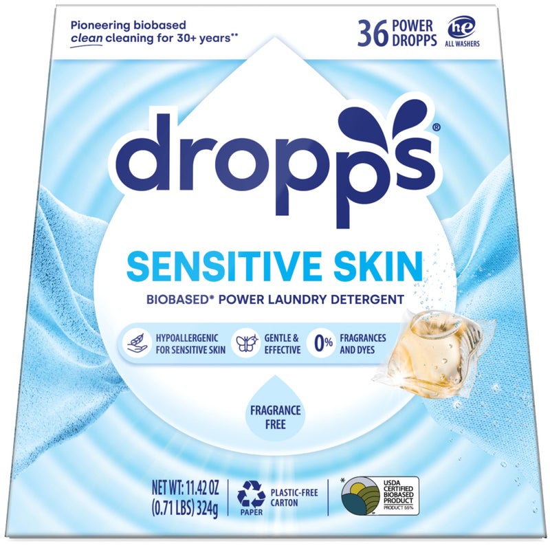 Dropps Sensitive Skin Laundry Detergent Pods Unscented 36 Count Dermatologist Tested Laundry Pods HE Compatible Laundry Supplies for Clean Clothes Vegan DyeFree
