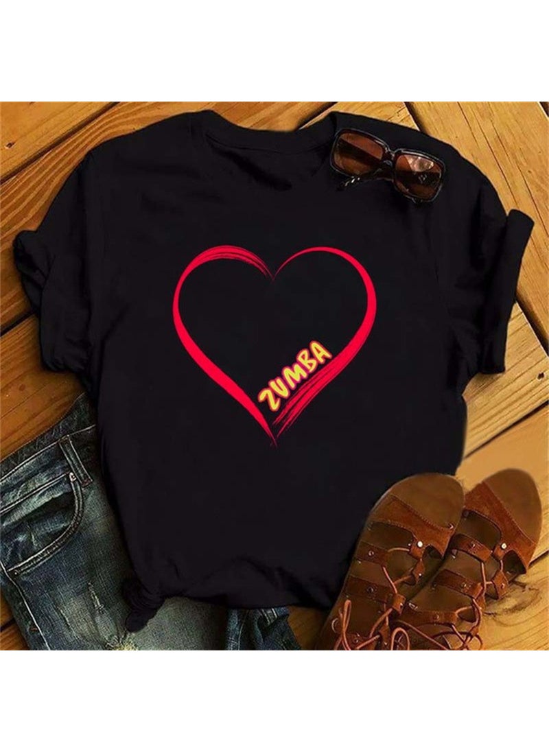 Generic - Zumba Floral Print Short Sleeve T-Shirt Womens Top Fashionable Casual Style round Neck Fit Type Polyester Fiber Modal Fabric 30-Black - Image 1