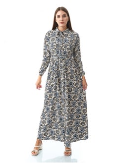 Andora Self Pattern Dress With Belt_White, Blue & Black  - Image 1