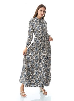 Andora Self Pattern Dress With Belt_White, Blue & Black  - Image 3