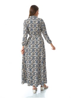 Andora Self Pattern Dress With Belt_White, Blue & Black  - Image 4