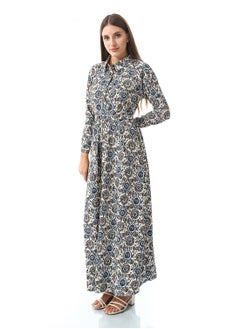 Andora Self Pattern Dress With Belt_White, Blue & Black  - Image 2