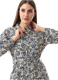 Andora Self Pattern Dress With Belt_White, Blue & Black  - Image 5