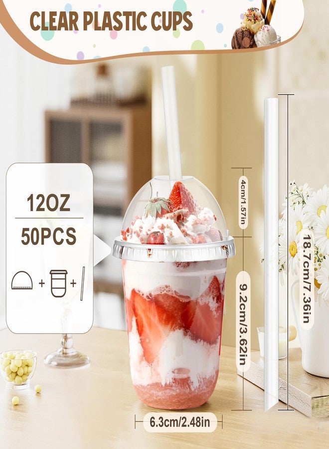 KesaPlan 50 Pcs 12 OZ Clear Plastic Cups with Dome Lids and Straws, Disposable Stemless Glasses Party Drinking Cup, Round Bottom To go Smoothie Milkshake Cup for Party Wedding Birthday Travel Holiday - Image 2