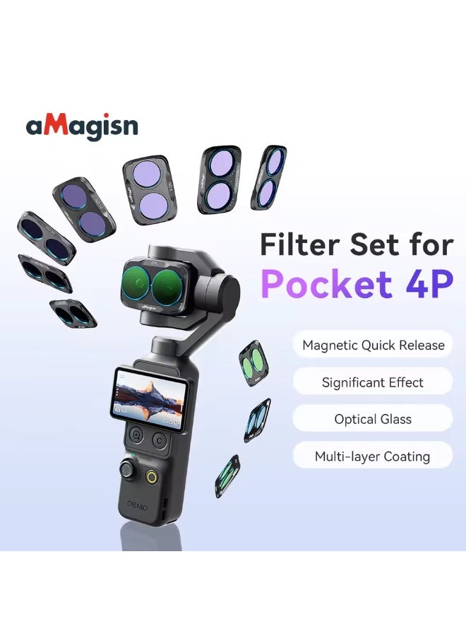 aMagisn Magnetic Lens Filter Kit for DJI Osmo Pocket 4P, 6-in-1 Optical Glass Filters: UV Protection, CPL Polarizer, ND Dimming, 6-Point Star, 1/4 Black Mist, Cool Tone Filter, Snap-On Quick Install, Ultra-Thin Gimbal Friendly Vlog Photography Accessory - Image 1