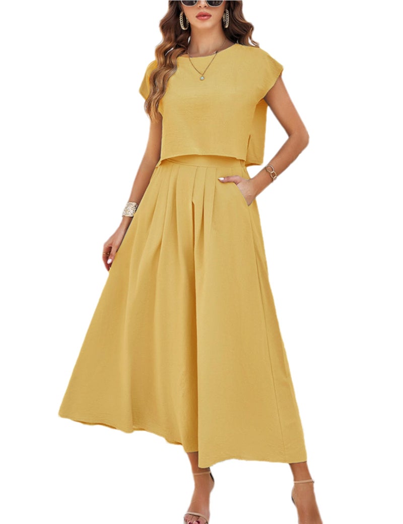 HangNiFang Summer Skirt Sets Women 2 Piece Outfits Cap Sleeve Top Elastic Waist Maxi Dress Sets with Pockets(1218-Yellow-S) - Image 1