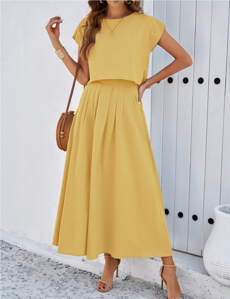 HangNiFang Summer Skirt Sets Women 2 Piece Outfits Cap Sleeve Top Elastic Waist Maxi Dress Sets with Pockets(1218-Yellow-S) - Image 2
