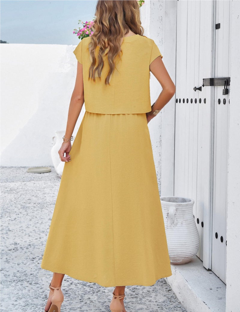 HangNiFang Summer Skirt Sets Women 2 Piece Outfits Cap Sleeve Top Elastic Waist Maxi Dress Sets with Pockets(1218-Yellow-S) - Image 4