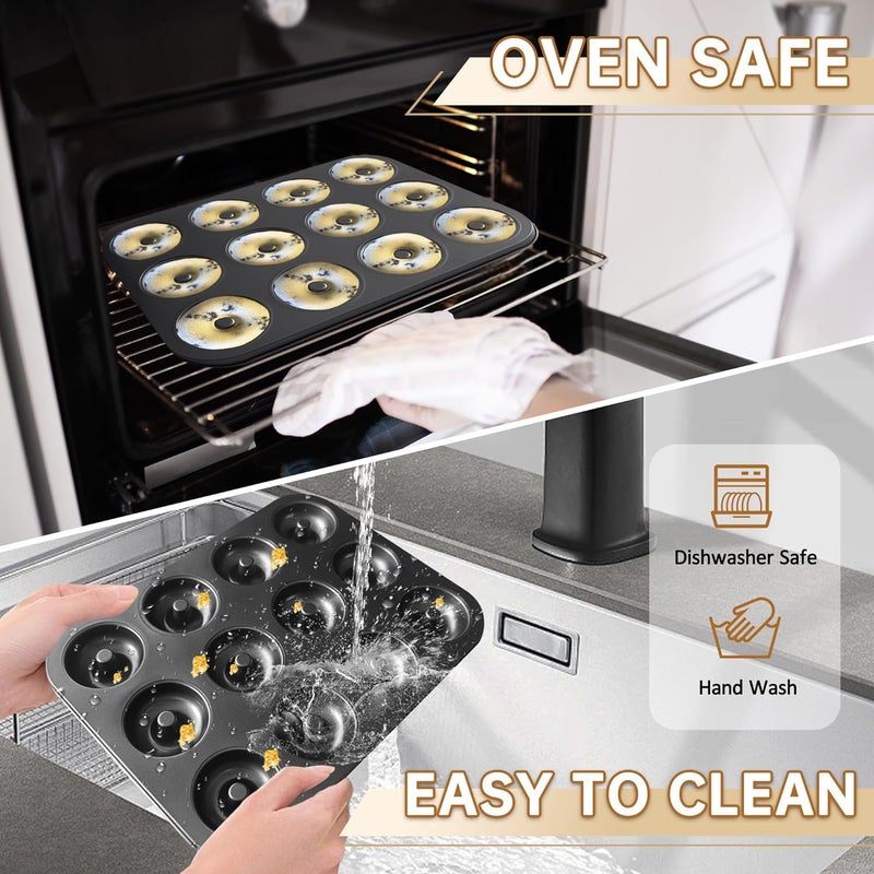 JSJMOFA Donut Pans 2 Pack, Non-Stick 12-Cavity Donut Pan for Baking, Carbon Steel Doughnut Trays for Mini Bagels and Cake, Doughnut Bakeware Oven Baking (Black) - Image 4