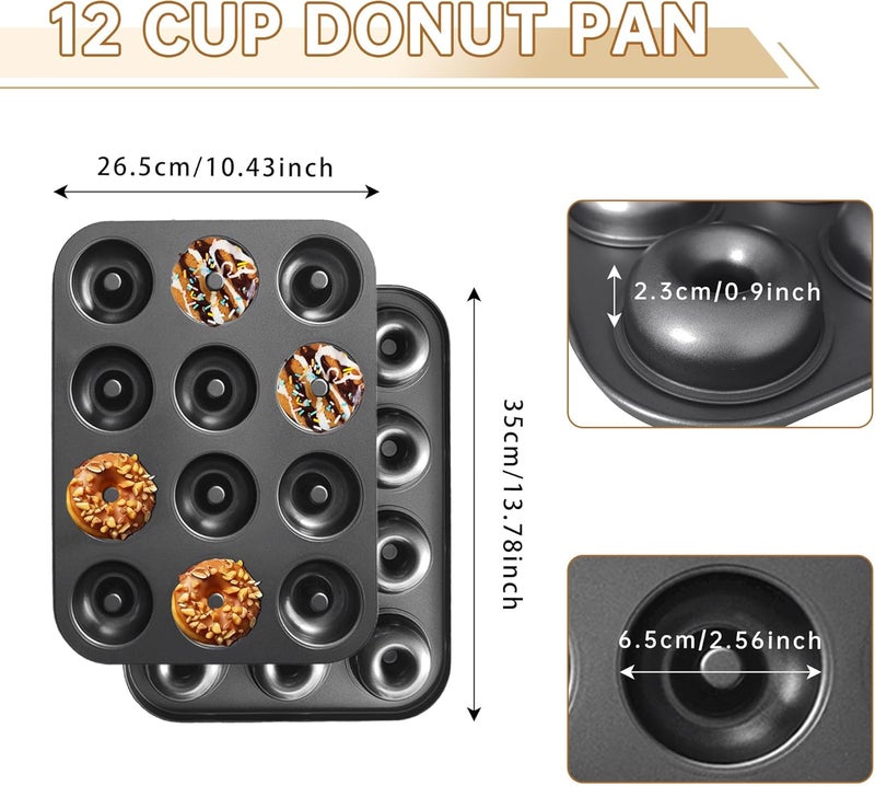 JSJMOFA Donut Pans 2 Pack, Non-Stick 12-Cavity Donut Pan for Baking, Carbon Steel Doughnut Trays for Mini Bagels and Cake, Doughnut Bakeware Oven Baking (Black) - Image 3