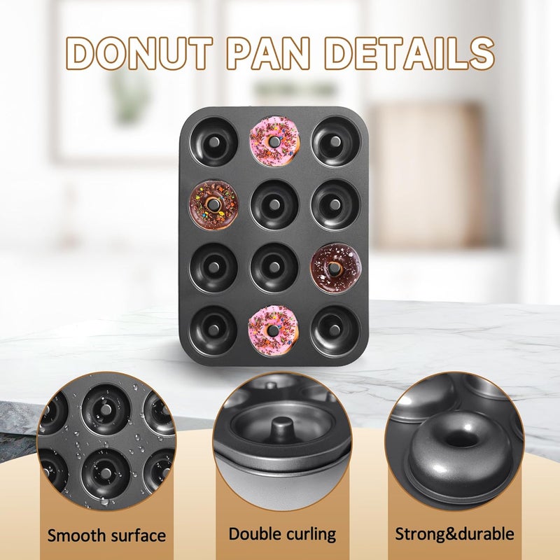 JSJMOFA Donut Pans 2 Pack, Non-Stick 12-Cavity Donut Pan for Baking, Carbon Steel Doughnut Trays for Mini Bagels and Cake, Doughnut Bakeware Oven Baking (Black) - Image 5