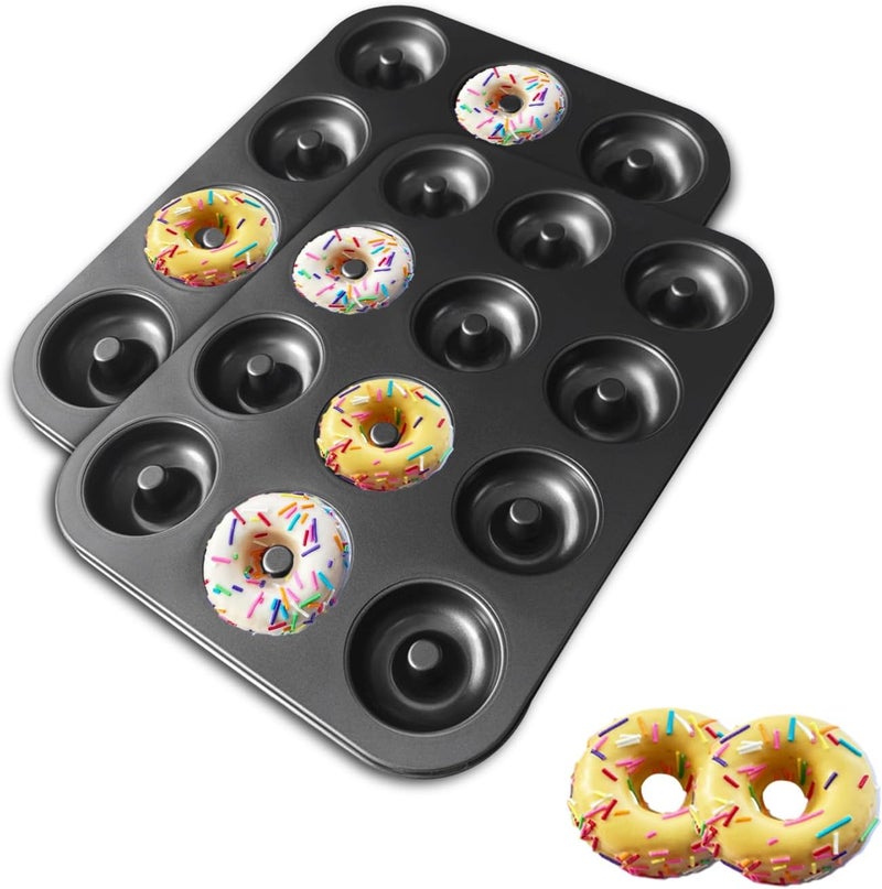 JSJMOFA Donut Pans 2 Pack, Non-Stick 12-Cavity Donut Pan for Baking, Carbon Steel Doughnut Trays for Mini Bagels and Cake, Doughnut Bakeware Oven Baking (Black) - Image 1