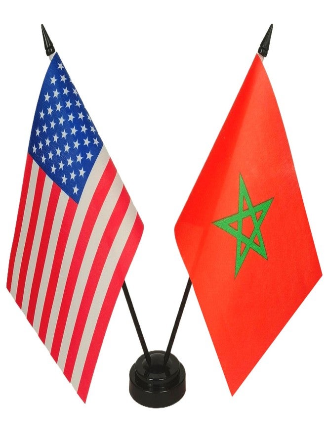 Zigvert America & Morocco Friendship Twin Desk Flag, US Morocco Table Flags, 8 x 5 Inches American & Moroccan Deluxe Desk Flag Set - Miniature USA & Morocco Stick Flag with Flag Stand - Image 1