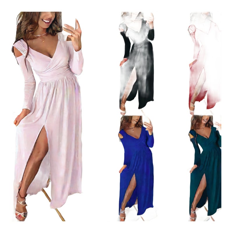 Long Sleeve V-Neck Split Hem Dress - Image 1