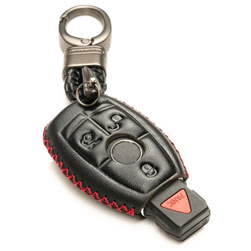 Vitodeco Leather Keyless Entry Remote Control Smart Key Case Cover with a Key Chain Compatible for Mercedes Benz (Black/Red) - Image 1