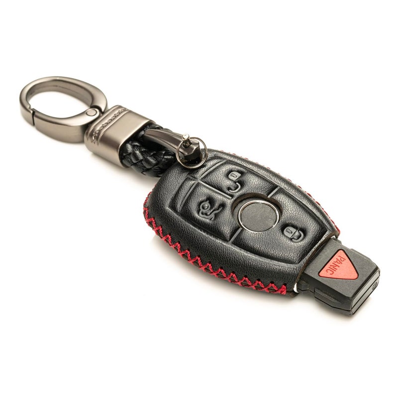 Vitodeco Leather Keyless Entry Remote Control Smart Key Case Cover with a Key Chain Compatible for Mercedes Benz (Black/Red) - Image 2