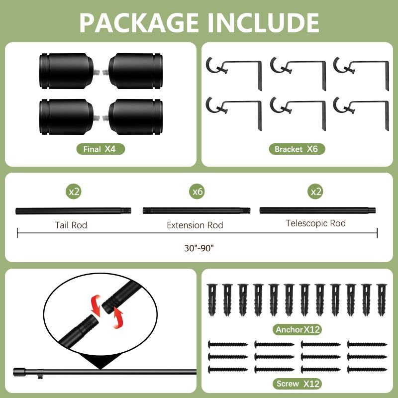 Edidonson 5/8â€ Diameter Curtain Rods 30-90 Inch, for 30-84 Inch Windows, Adjustable Splicing Black Curtain Rods for Windows with Brackets, Window Rod Long Small Curtains Rod, 2 Pack - Image 3